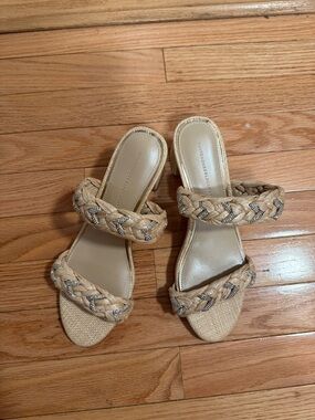 White House Black Market Tan Braided Slide Mules with Metallic Accents